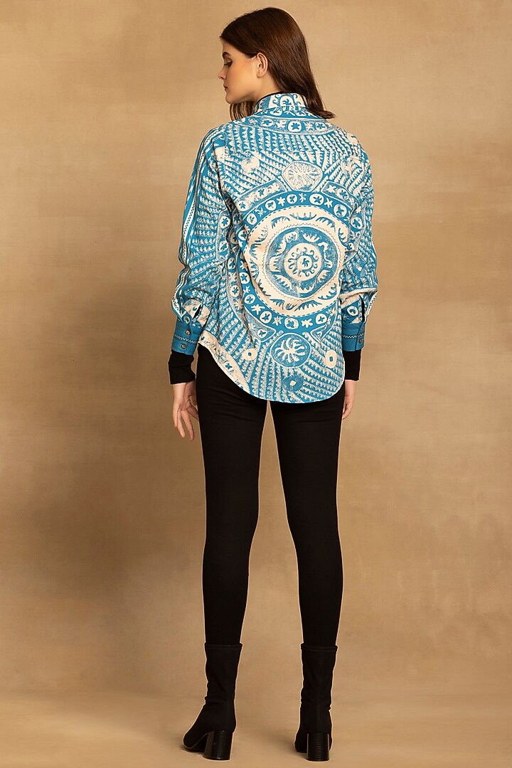 Blue Cotton Twill Placement Printed Shirt by Reena Sharma at Pernia's Pop Up Shop