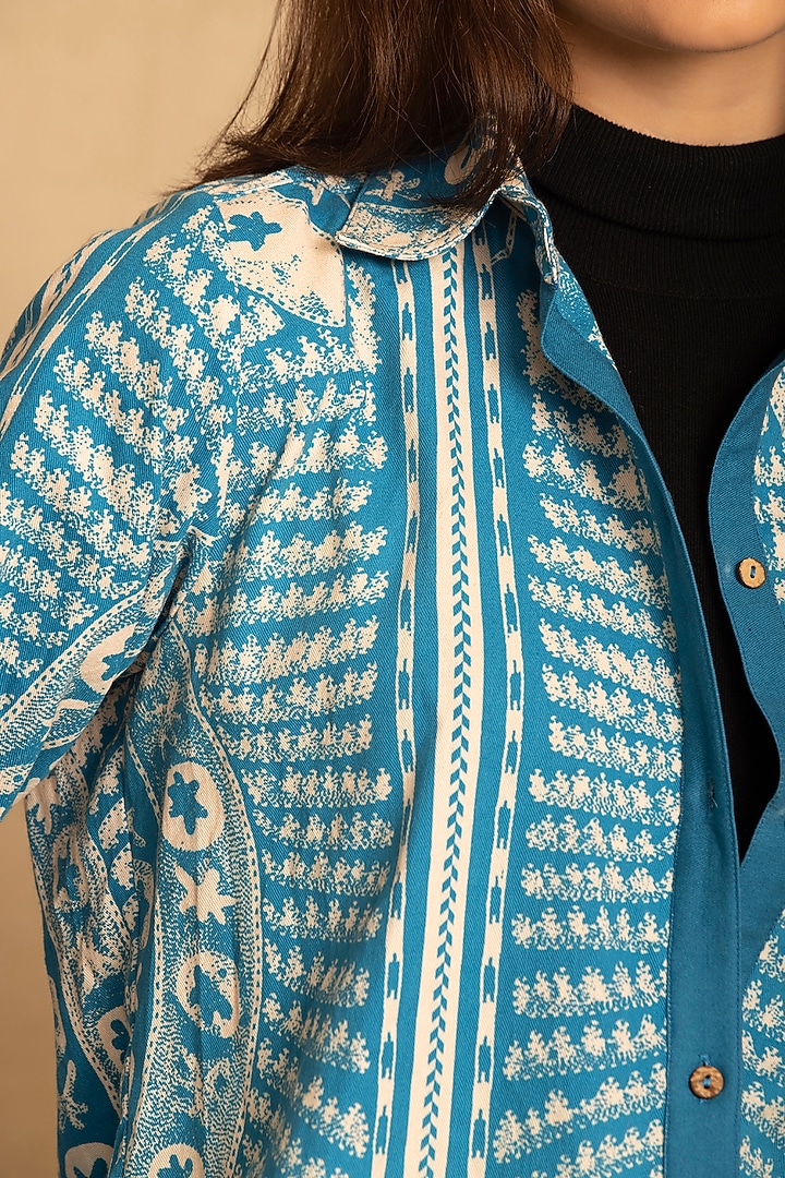 Blue Cotton Twill Placement Printed Shirt by Reena Sharma at Pernia's Pop Up Shop