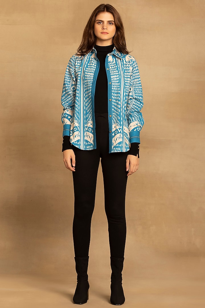 Blue Cotton Twill Placement Printed Shirt by Reena Sharma at Pernia's Pop Up Shop