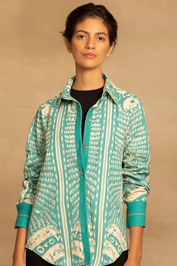 Mint Green Cotton Twill Placement Printed Shirt by Reena Sharma