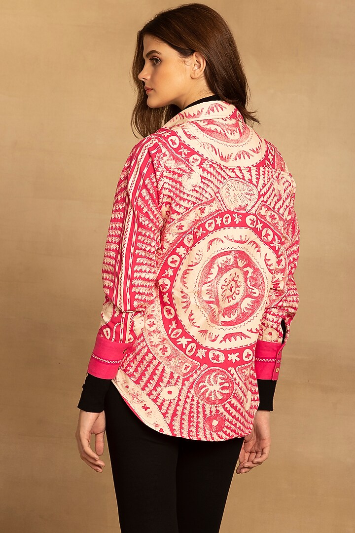 Pink Cotton Twill Placement Printed Shirt by Reena Sharma at Pernia's Pop Up Shop