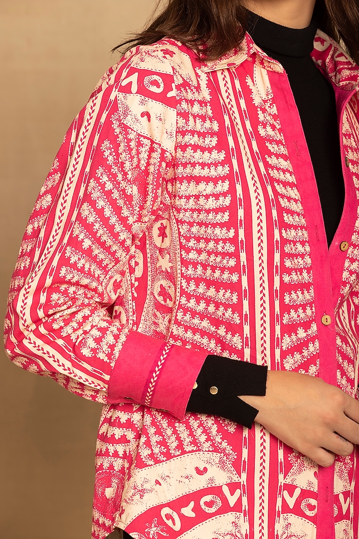 Pink Cotton Twill Placement Printed Shirt by Reena Sharma at Pernia's Pop Up Shop