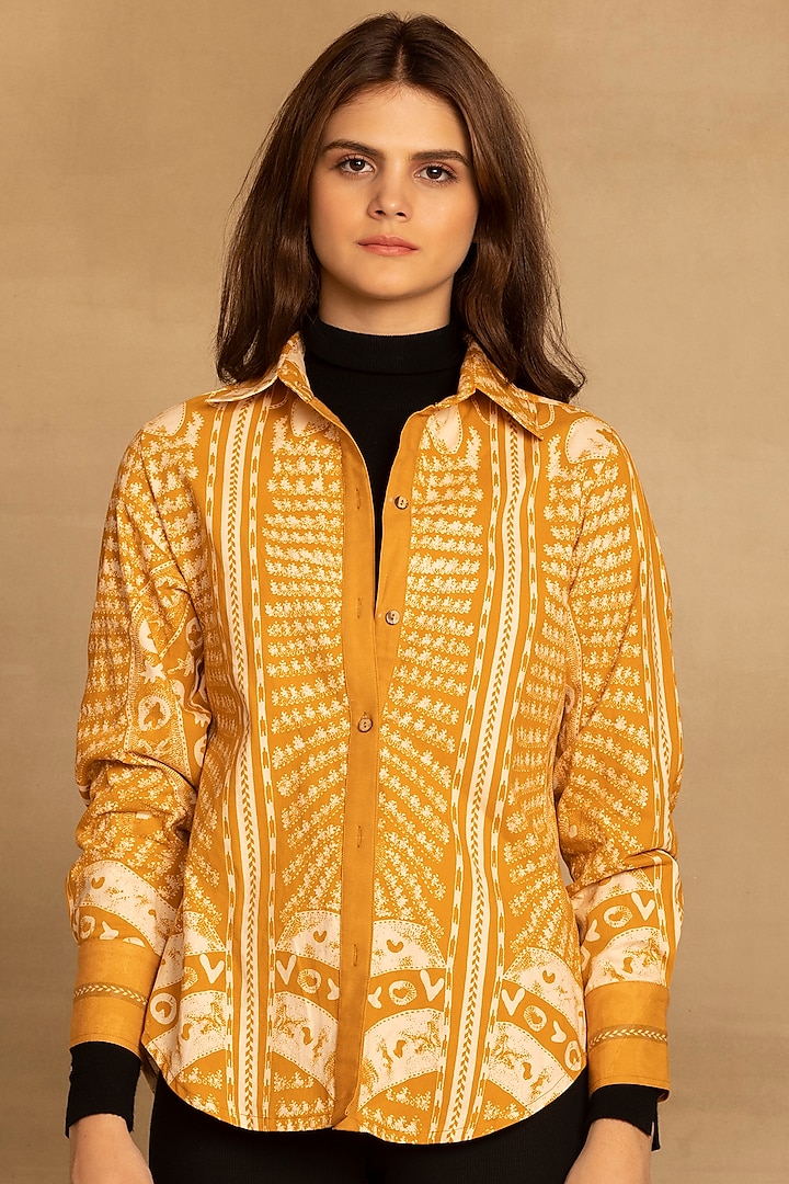 Ochre Yellow Cotton Twill Placement Printed Shirt by Reena Sharma