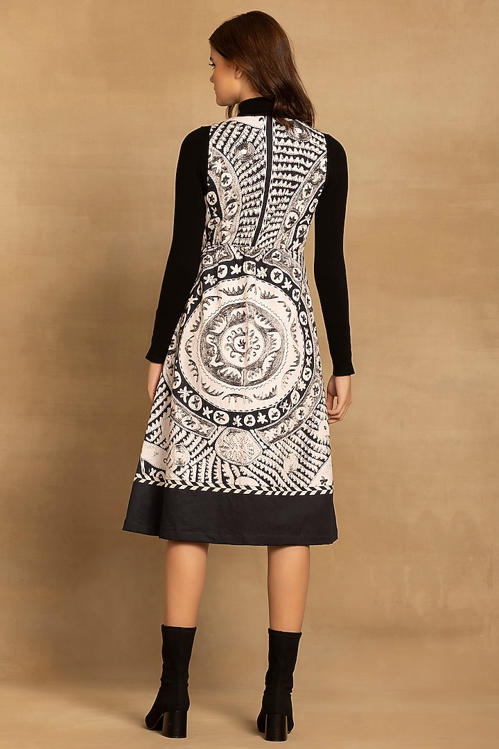 Black & White Cotton Twill Placement Printed Midi Summer Dress by Reena Sharma at Pernia's Pop Up Shop