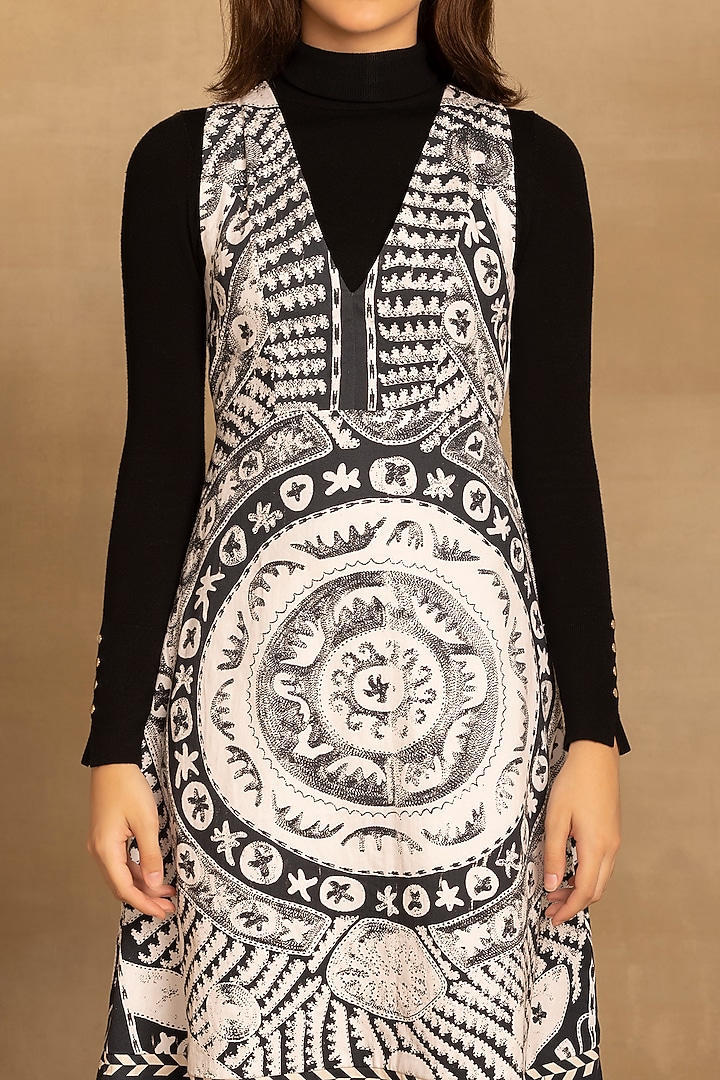 Black & White Cotton Twill Placement Printed Midi Summer Dress by Reena Sharma at Pernia's Pop Up Shop