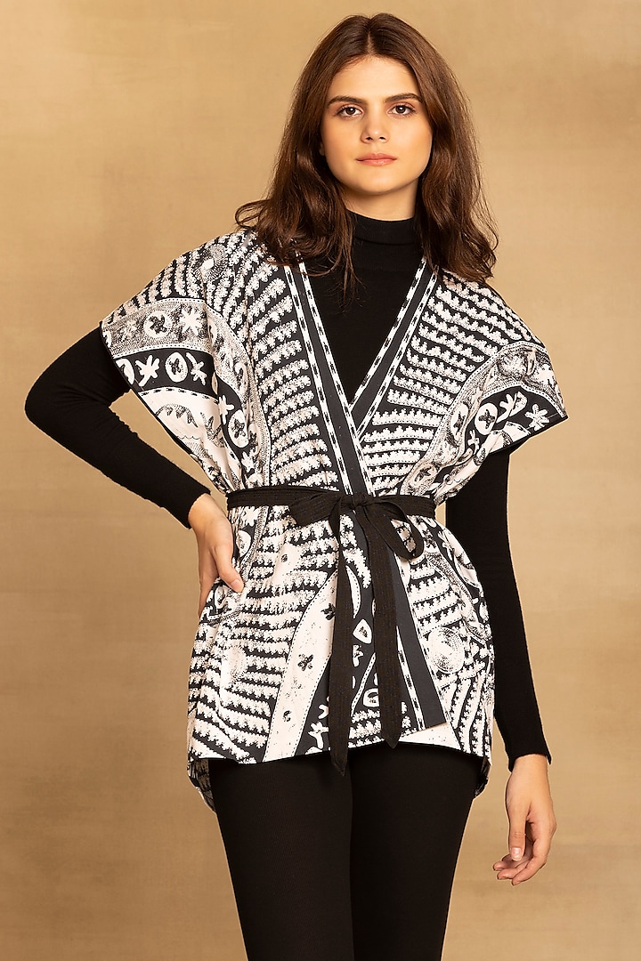 Black & White Viscose Georgette Printed Kimono Top With Belt by Reena Sharma at Pernia's Pop Up Shop