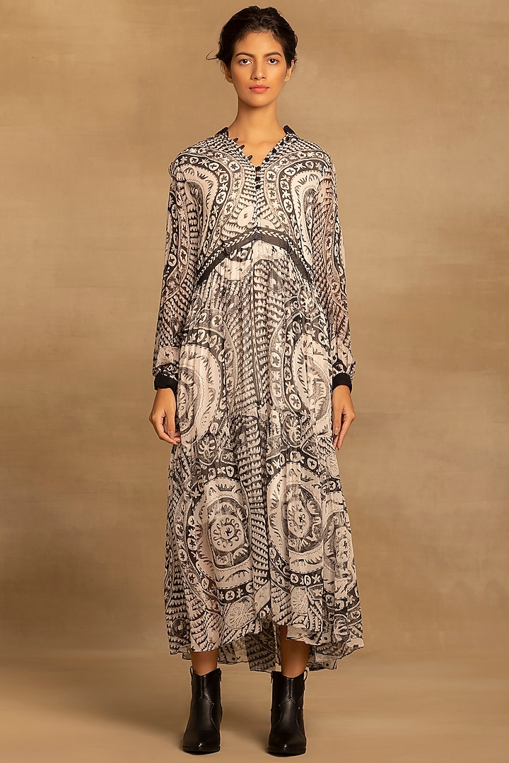 Black & White Viscose Georgette Placement Printed Maxi Dress by Reena Sharma at Pernia's Pop Up Shop