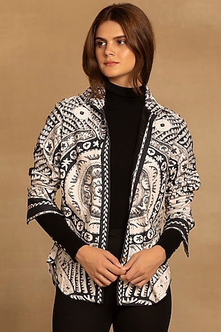 Black & White Cotton Twill Placement Printed Shirt by Reena Sharma