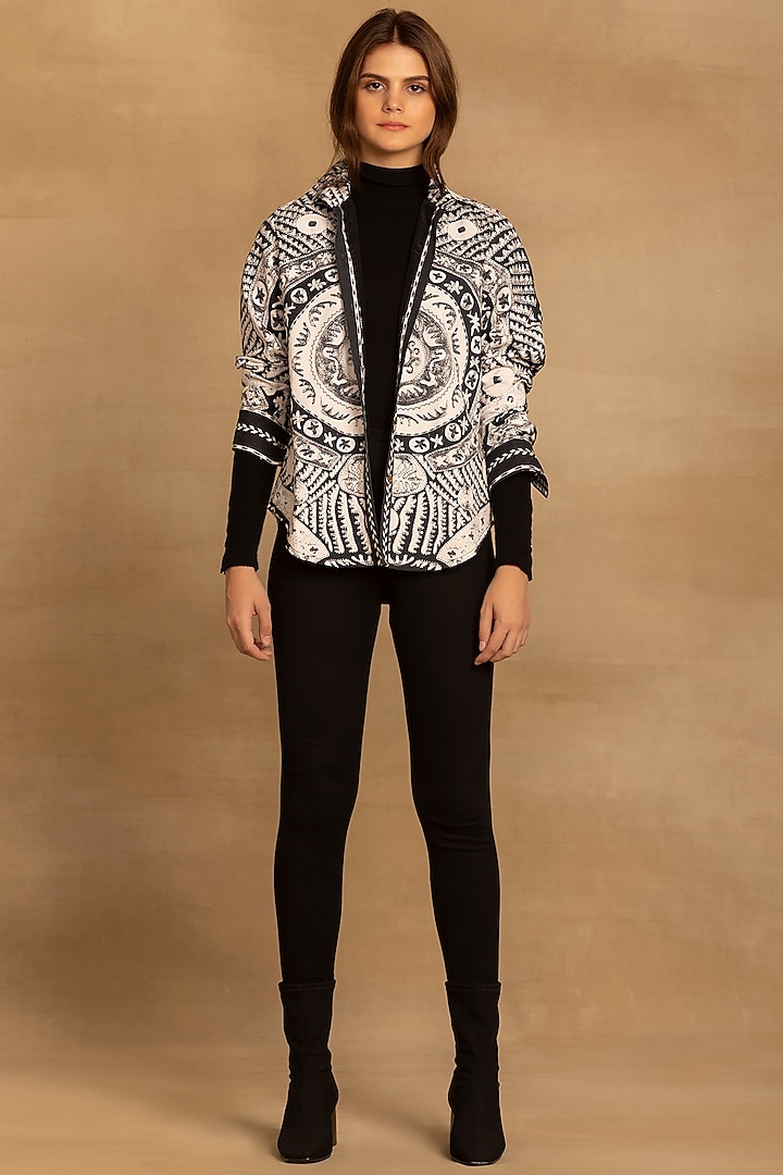 Black & White Cotton Twill Placement Printed Shirt by Reena Sharma at Pernia's Pop Up Shop