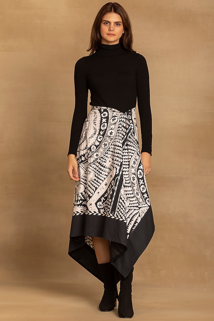 Black & White Cotton Twill Placement Printed Asymmetrical Wrap Skirt by Reena Sharma