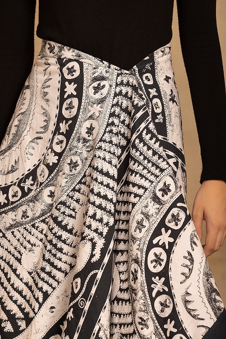 Black & White Cotton Twill Placement Printed Asymmetrical Wrap Skirt by Reena Sharma at Pernia's Pop Up Shop