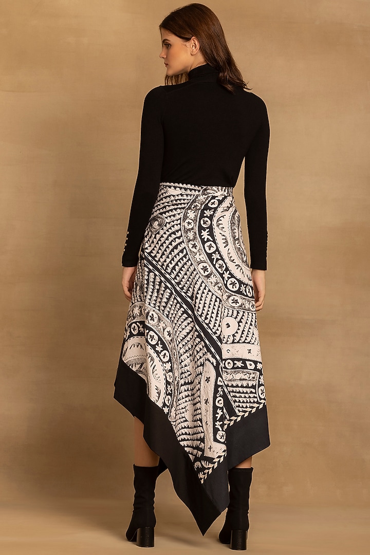 Black & White Cotton Twill Placement Printed Asymmetrical Wrap Skirt by Reena Sharma at Pernia's Pop Up Shop