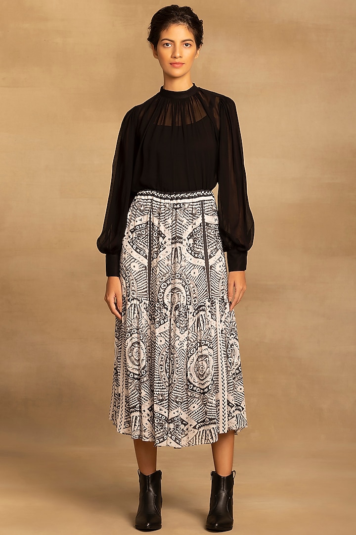 Black & White Viscose Georgette Placement Printed Midi Tiered Skirt by Reena Sharma at Pernia's Pop Up Shop