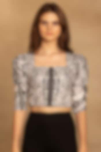 Black & White Cotton Twill Placement Printed Crop Top by Reena Sharma