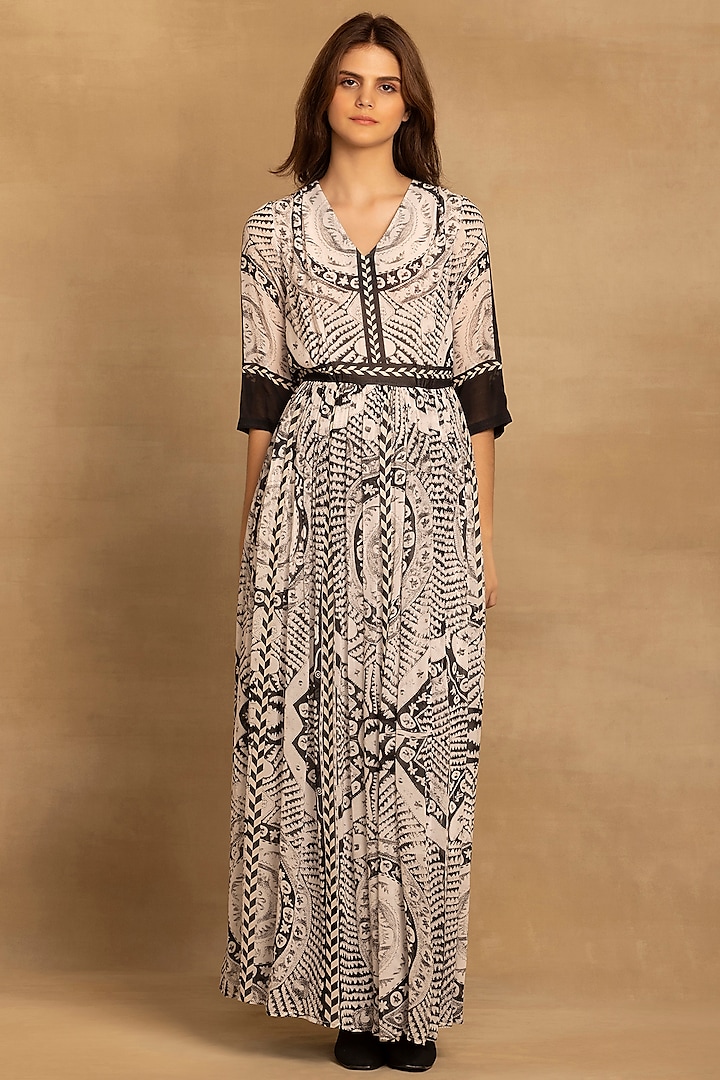 Black & White Cotton Twill Placement Printed Maxi Dress by Reena Sharma at Pernia's Pop Up Shop