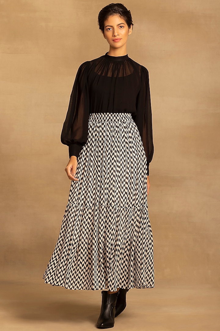 Black & White Viscose Georgette Chevron Printed Tiered Midi Skirt by Reena Sharma
