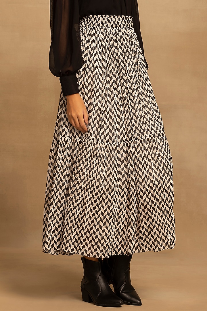 Black & White Viscose Georgette Chevron Printed Tiered Midi Skirt by Reena Sharma at Pernia's Pop Up Shop