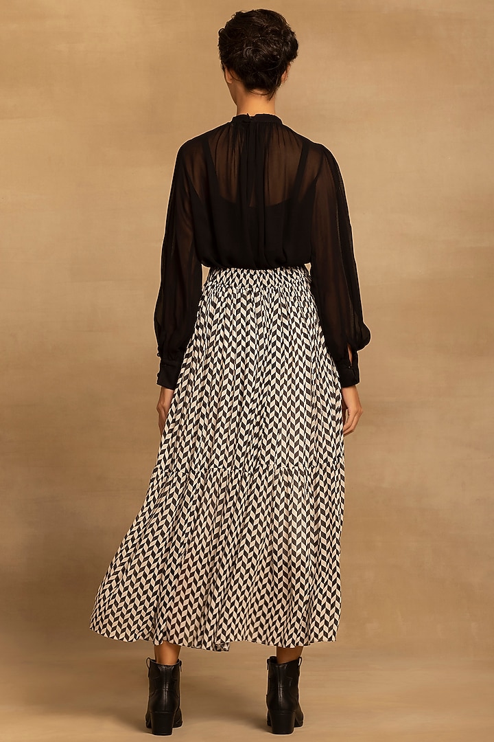 Black & White Viscose Georgette Chevron Printed Tiered Midi Skirt by Reena Sharma at Pernia's Pop Up Shop