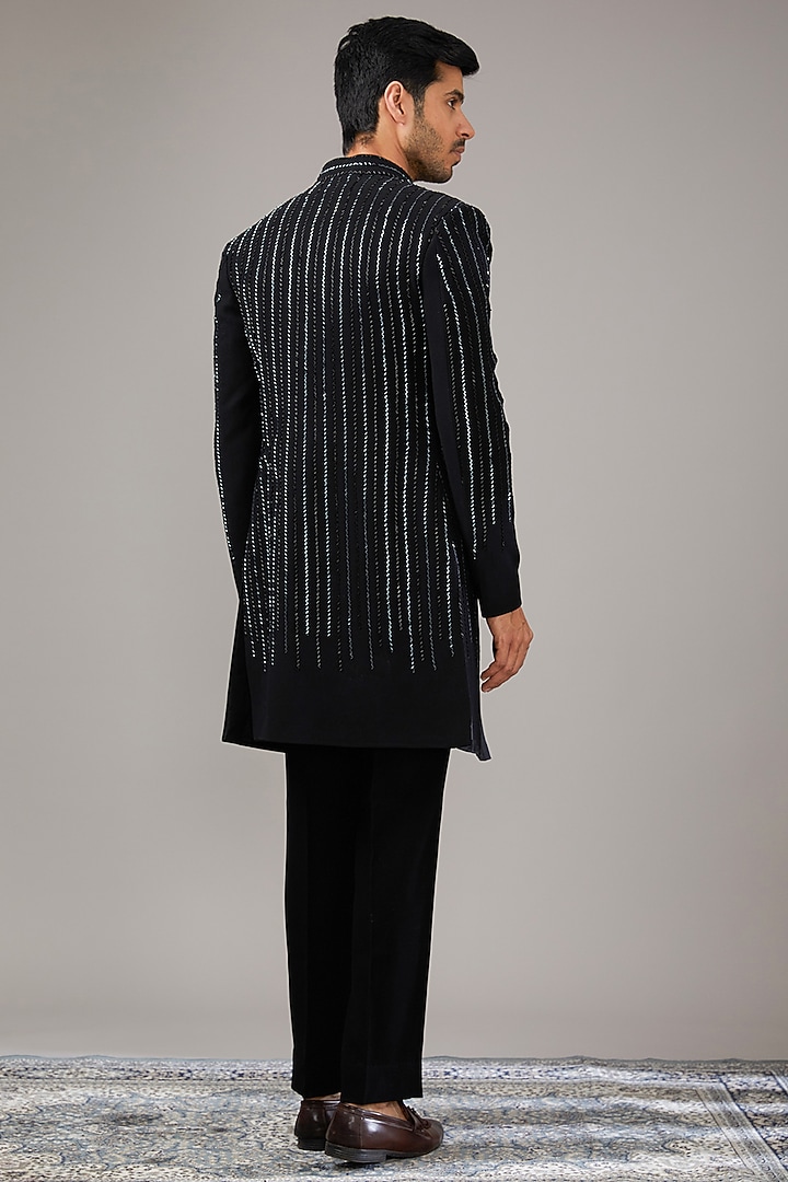 Black Japanese Suiting Fabric Salli Work Wedding Indowestern Set by RE CHANNEL at Pernia's Pop Up Shop