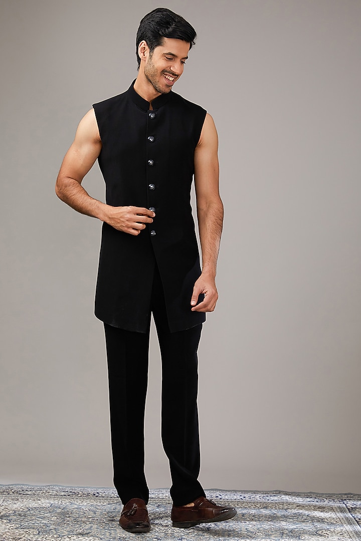 Black Japanese Suiting Fabric Salli Work Wedding Indowestern Set by RE CHANNEL at Pernia's Pop Up Shop