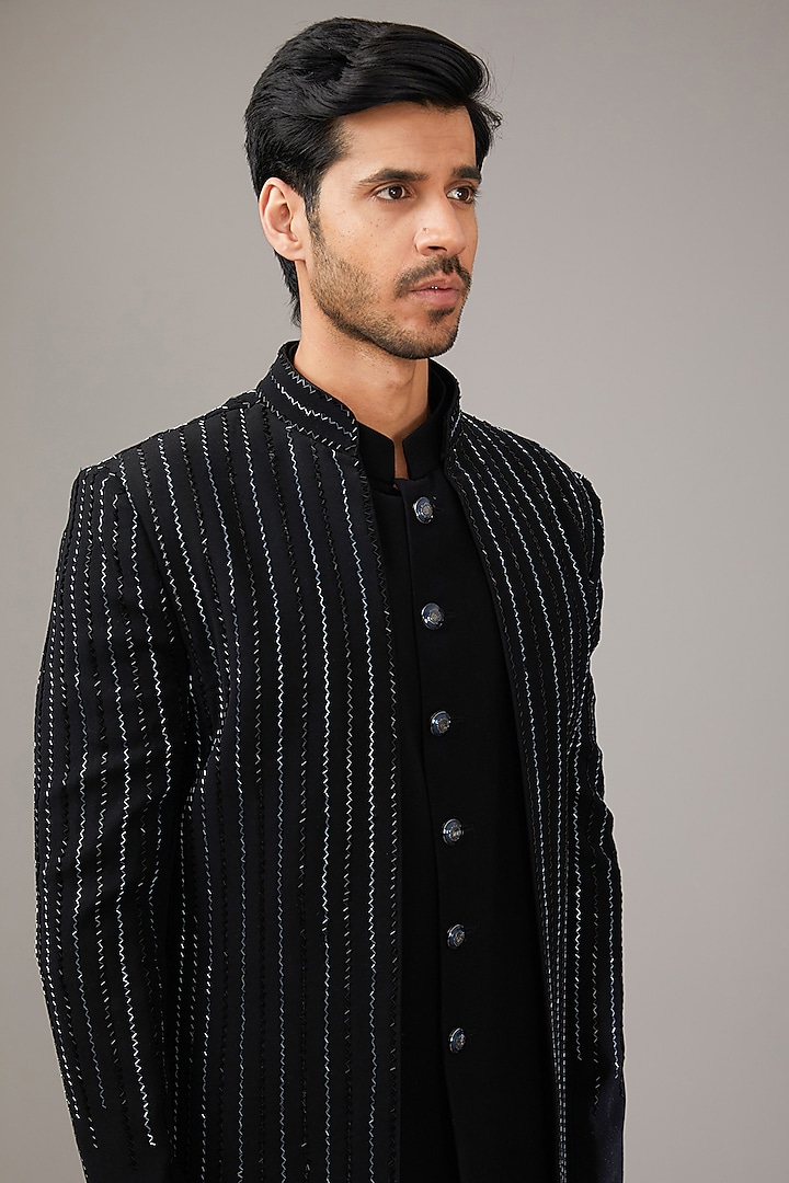 Black Japanese Suiting Fabric Salli Work Wedding Indowestern Set by RE CHANNEL at Pernia's Pop Up Shop