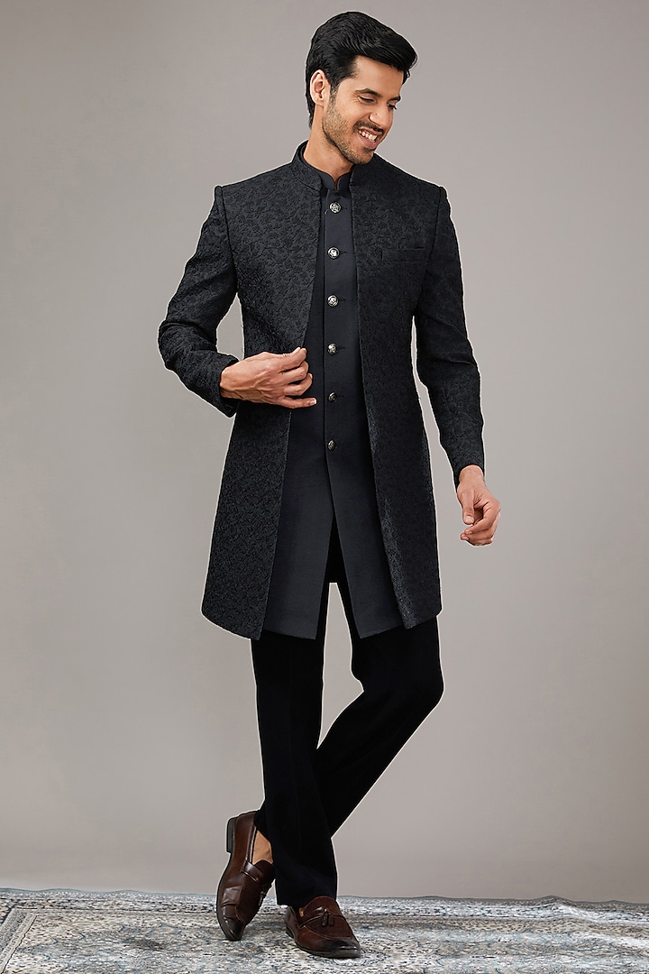 Navy Blue Textured Fabric Indowestern Set by RE CHANNEL