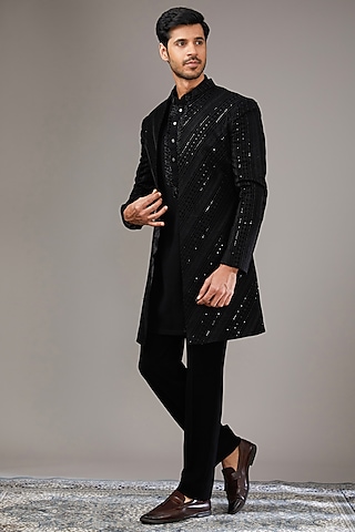 Black Velvet Sequins Embroidered Indowestern Set by RE CHANNEL