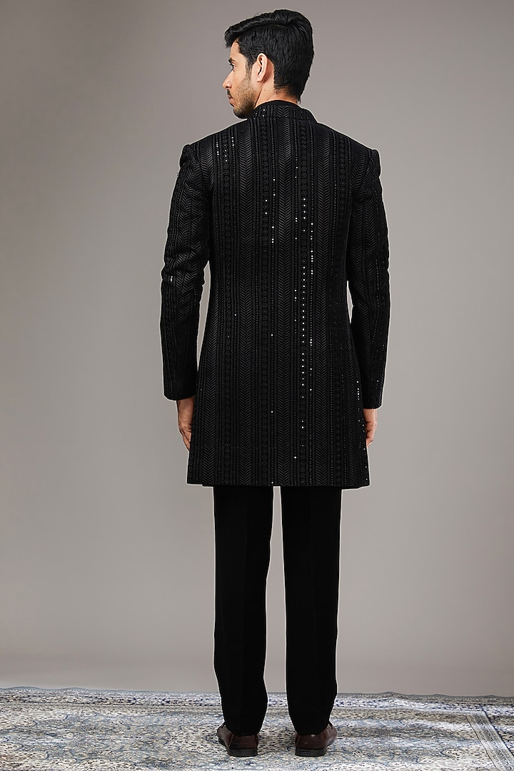 Black Velvet Sequins Embroidered Wedding Indowestern Set by RE CHANNEL at Pernia's Pop Up Shop