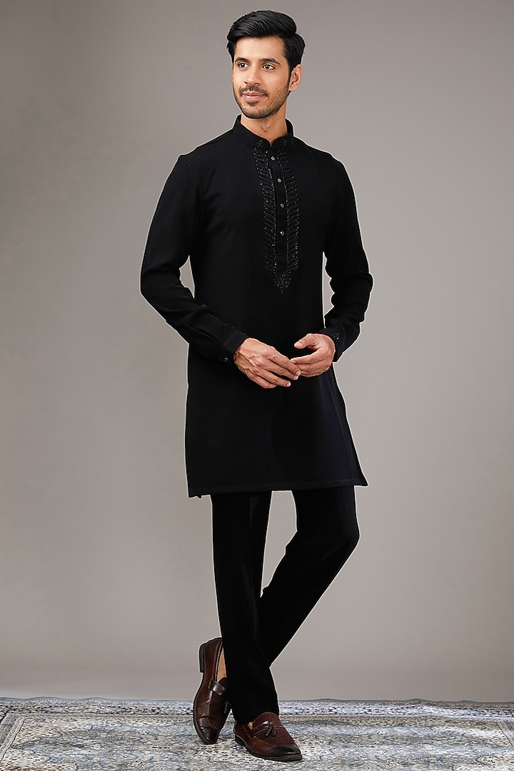 Black Velvet Sequins Embroidered Wedding Indowestern Set by RE CHANNEL at Pernia's Pop Up Shop