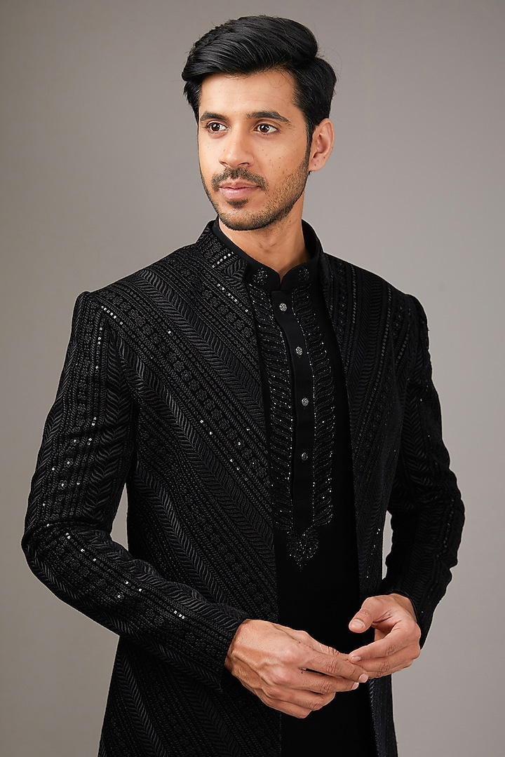 Black Velvet Sequins Embroidered Wedding Indowestern Set by RE CHANNEL at Pernia's Pop Up Shop