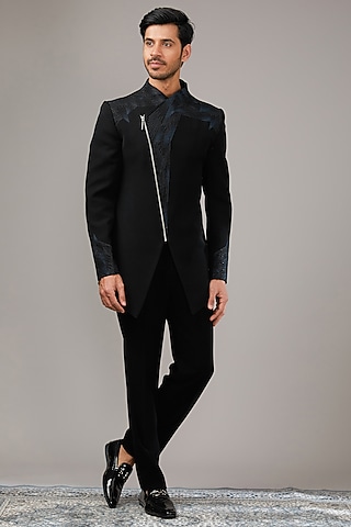 Black Japanese Suiting Fabric Embellished Indowestern Set by RE CHANNEL