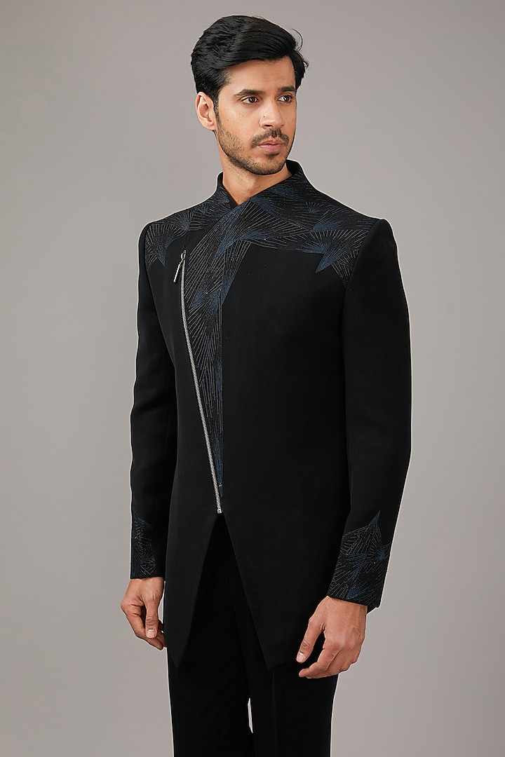 Black Japanese Suiting Fabric Embellished Wedding Indowestern Set by RE CHANNEL at Pernia's Pop Up Shop