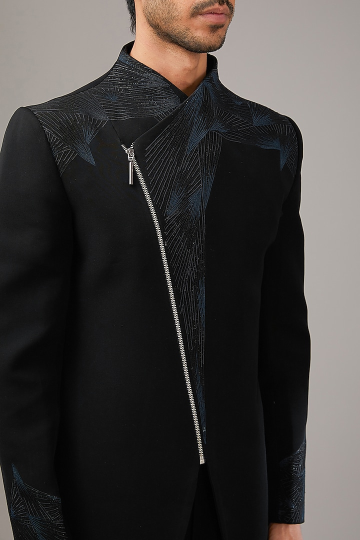Black Japanese Suiting Fabric Embellished Wedding Indowestern Set by RE CHANNEL at Pernia's Pop Up Shop