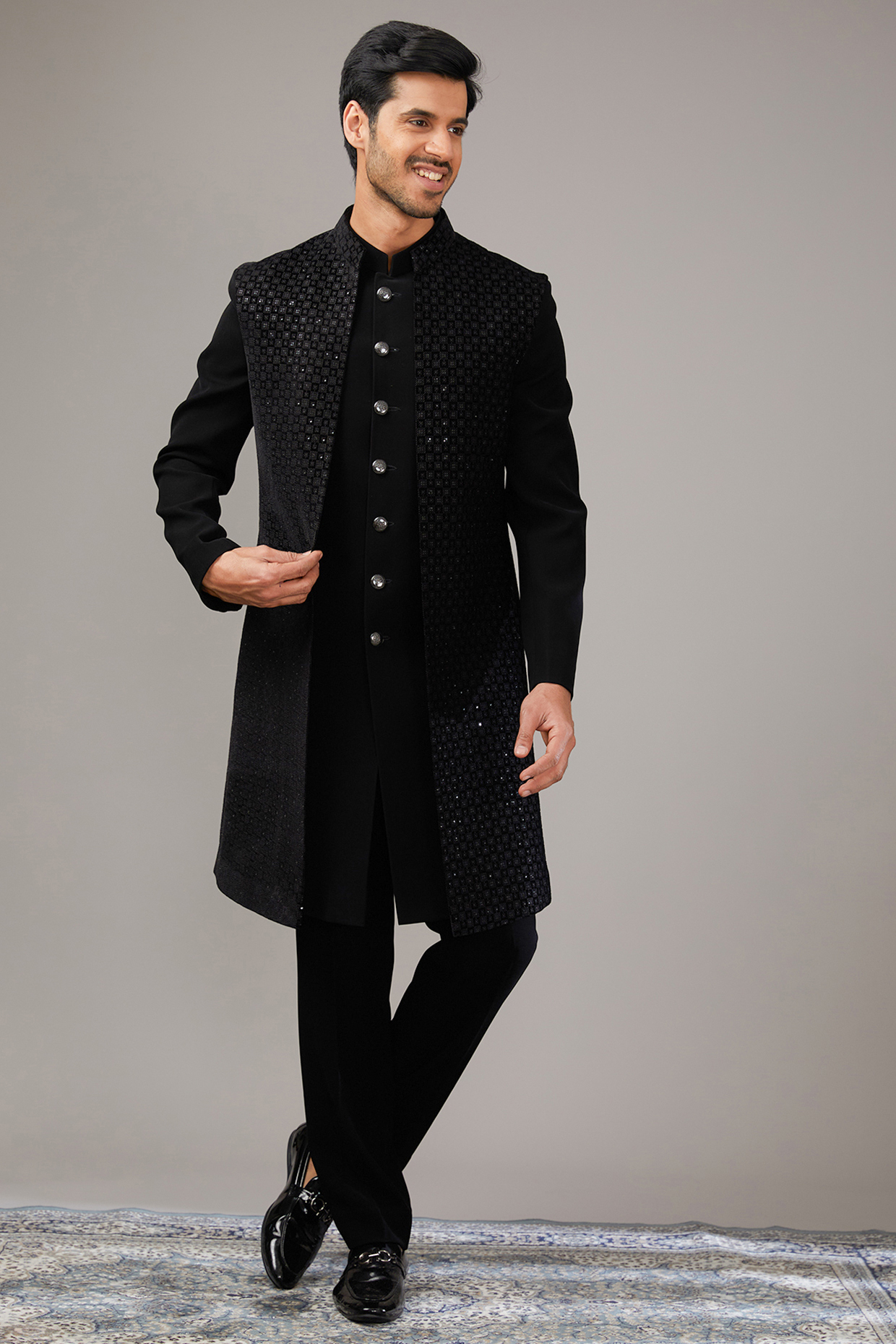 Black Velvet Sequins Embroidered Wedding Indowestern Set by RE CHANNEL at Pernia's Pop Up Shop