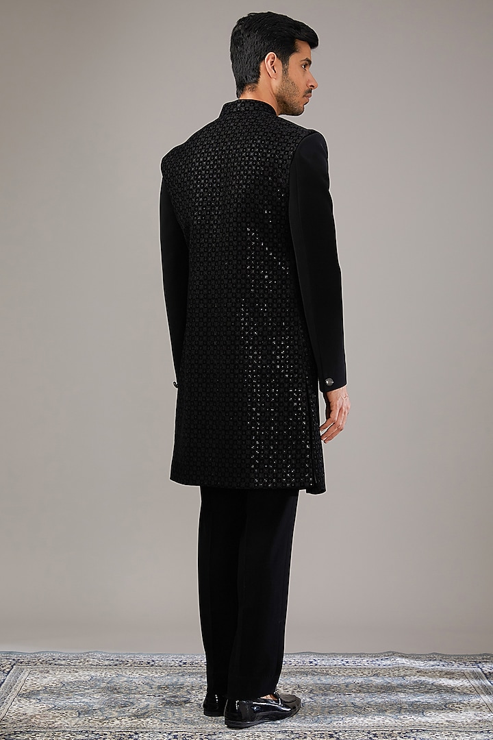 Black Velvet Sequins Embroidered Wedding Indowestern Set by RE CHANNEL at Pernia's Pop Up Shop