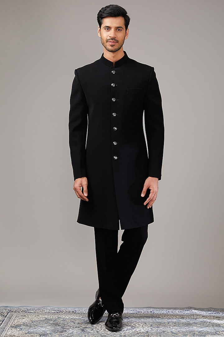 Black Velvet Sequins Embroidered Wedding Indowestern Set by RE CHANNEL at Pernia's Pop Up Shop