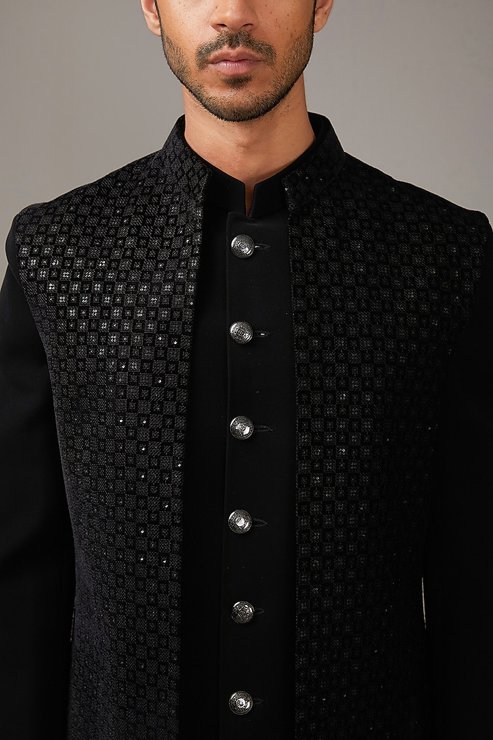 Black Velvet Sequins Embroidered Wedding Indowestern Set by RE CHANNEL at Pernia's Pop Up Shop
