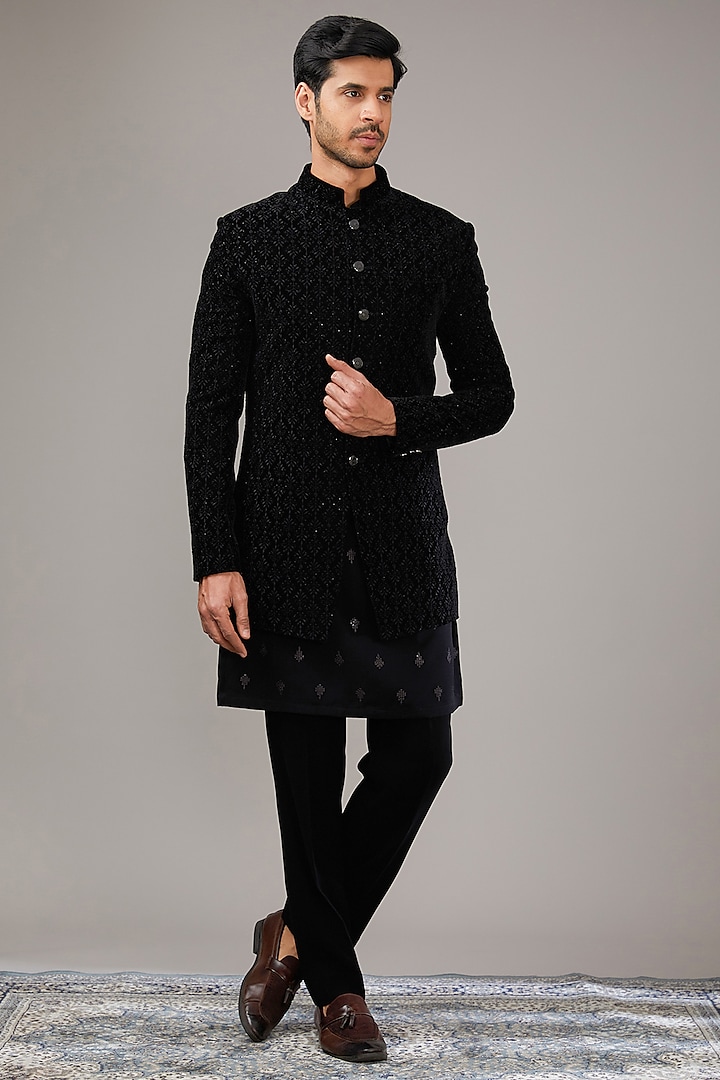 Black Velvet Sequins & Thread Work Indowestern Set by RE CHANNEL