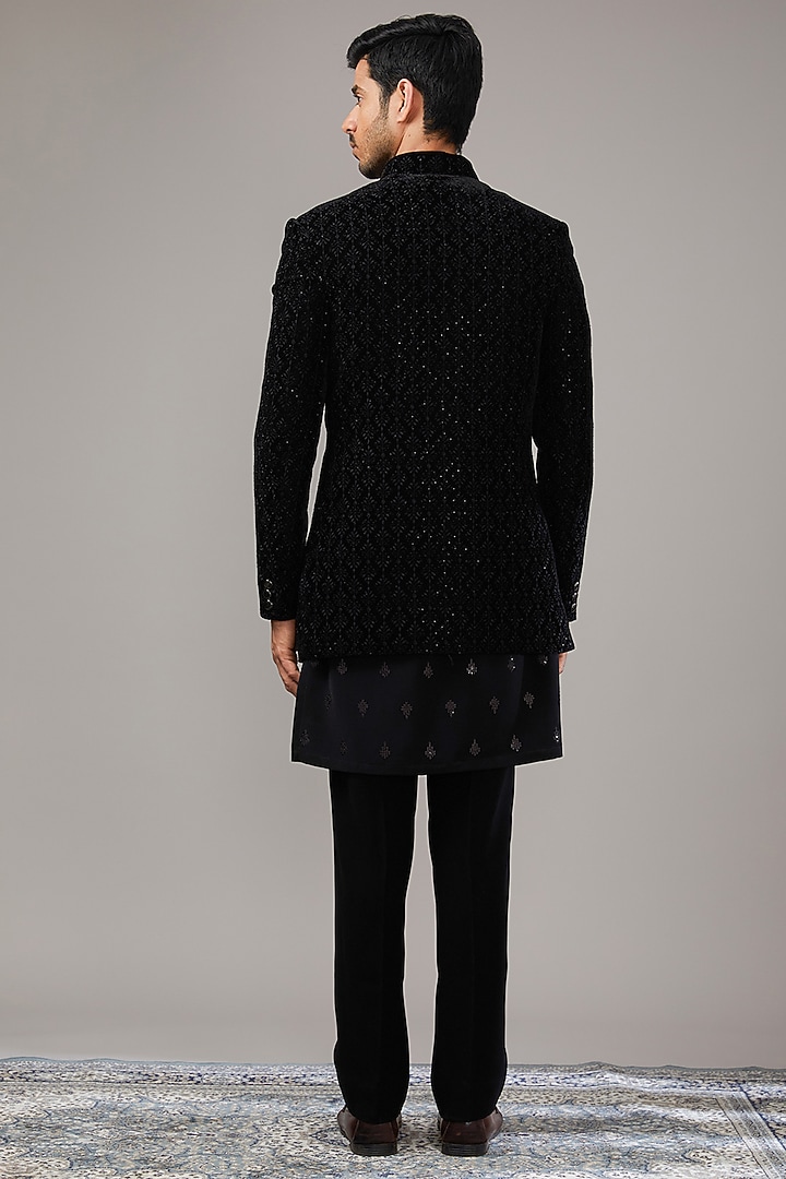 Black Velvet Sequins & Thread Work Wedding Indowestern Set by RE CHANNEL at Pernia's Pop Up Shop