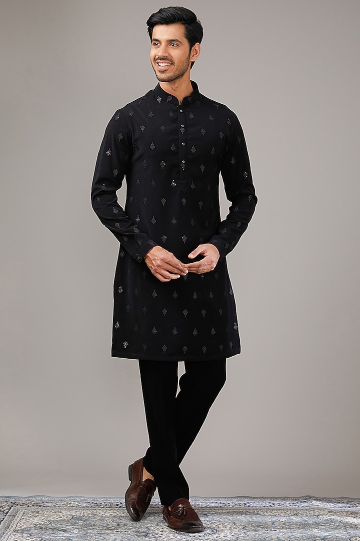 Black Velvet Sequins & Thread Work Wedding Indowestern Set by RE CHANNEL at Pernia's Pop Up Shop