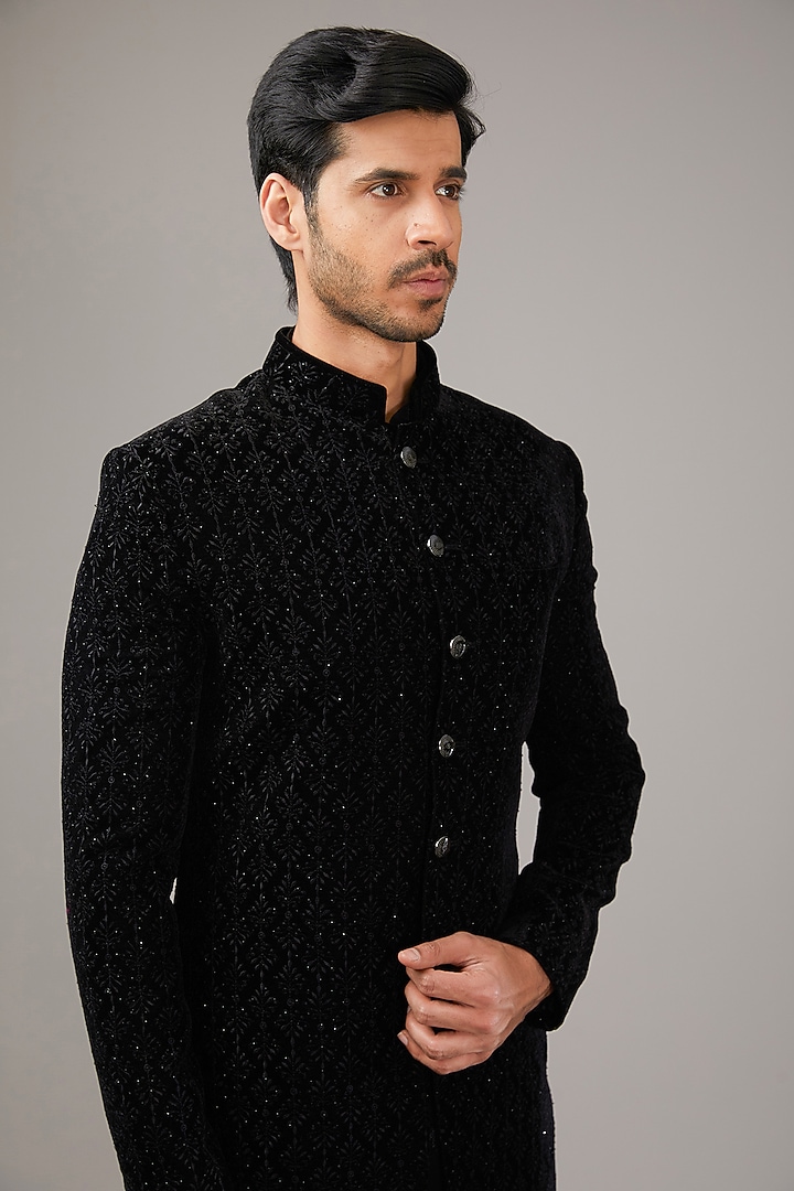 Black Velvet Sequins & Thread Work Wedding Indowestern Set by RE CHANNEL at Pernia's Pop Up Shop