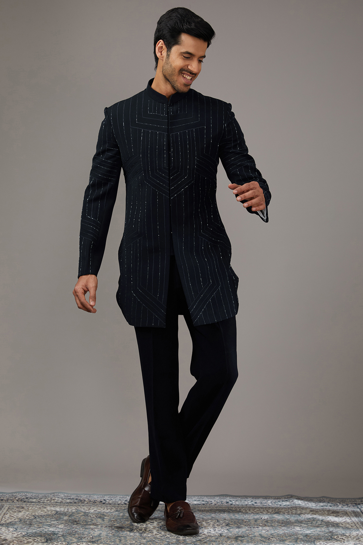 Indigo Blue Japanese Suiting Fabric Embroidered Wedding Indowestern Set by RE CHANNEL at Pernia's Pop Up Shop