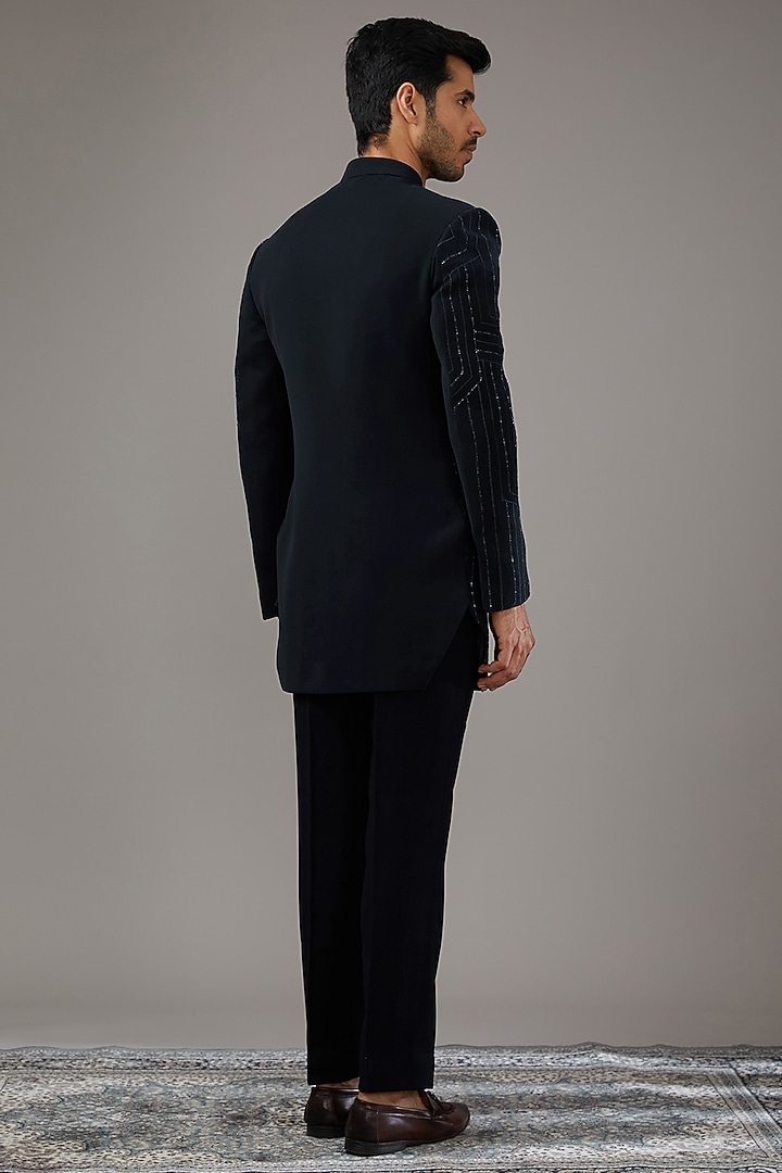 Indigo Blue Japanese Suiting Fabric Embroidered Wedding Indowestern Set by RE CHANNEL at Pernia's Pop Up Shop