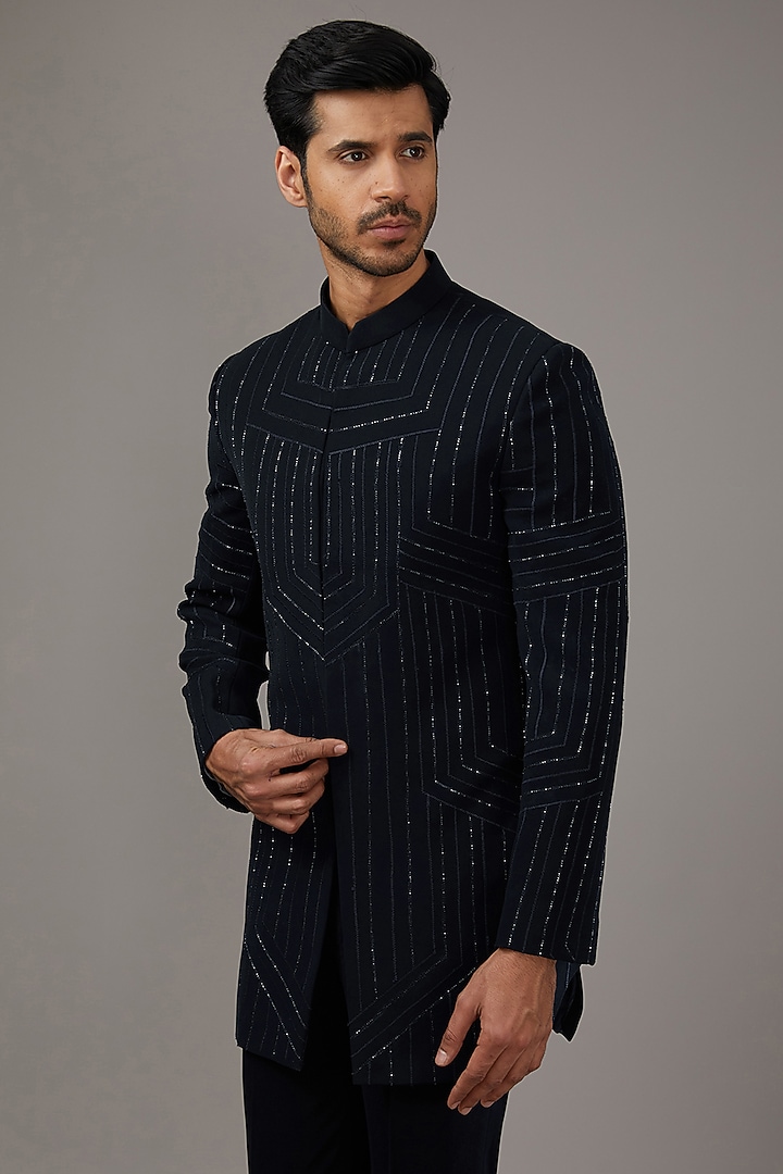 Indigo Blue Japanese Suiting Fabric Embroidered Wedding Indowestern Set by RE CHANNEL at Pernia's Pop Up Shop