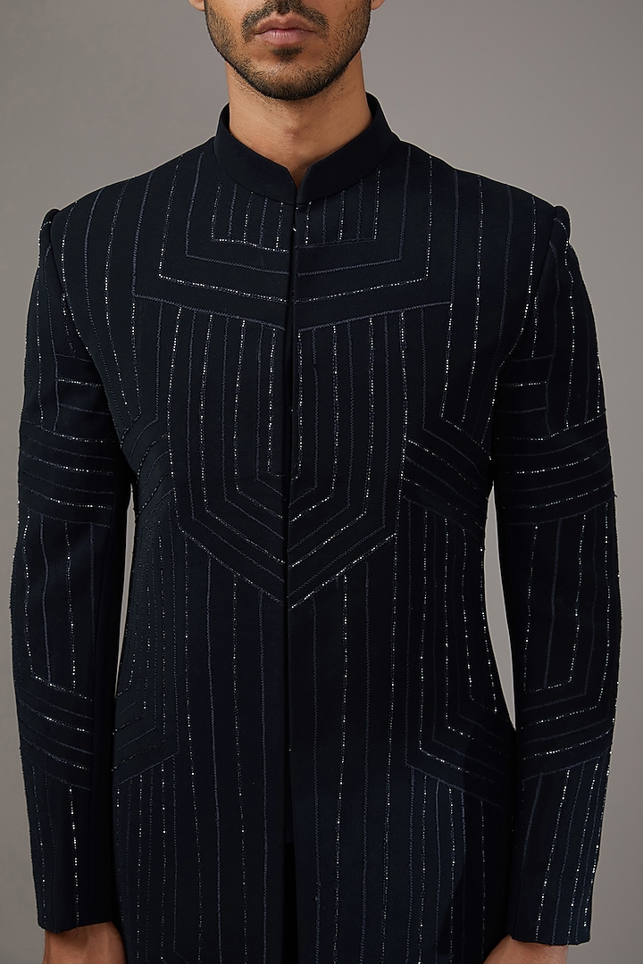 Indigo Blue Japanese Suiting Fabric Embroidered Wedding Indowestern Set by RE CHANNEL at Pernia's Pop Up Shop