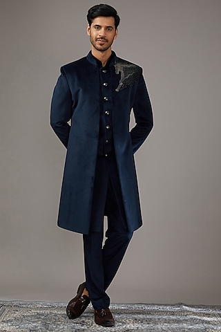 Blue Velvet Poth Work Indowestern Set by RE CHANNEL