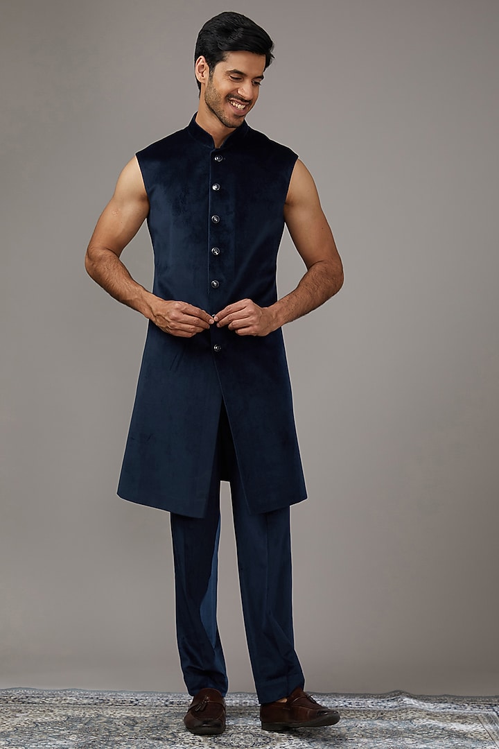 Blue Velvet Poth Work Wedding Indowestern Set by RE CHANNEL at Pernia's Pop Up Shop