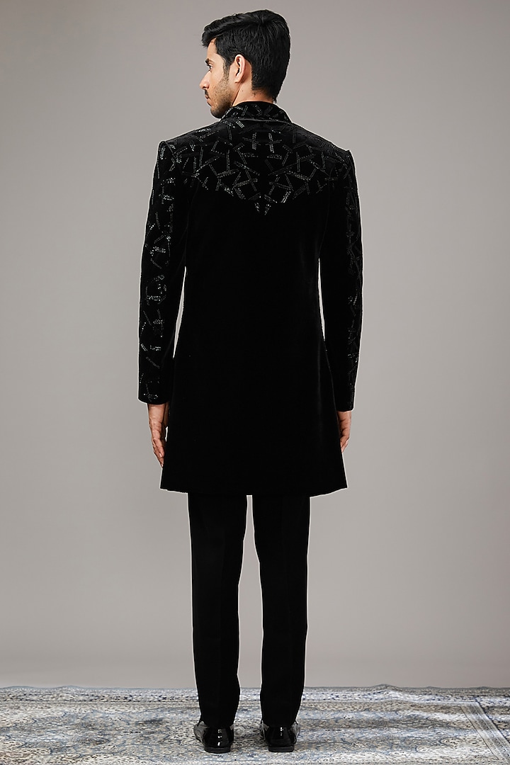 Midnight Black Velvet Sequins Embroidered Wedding Indowestern Set by RE CHANNEL at Pernia's Pop Up Shop