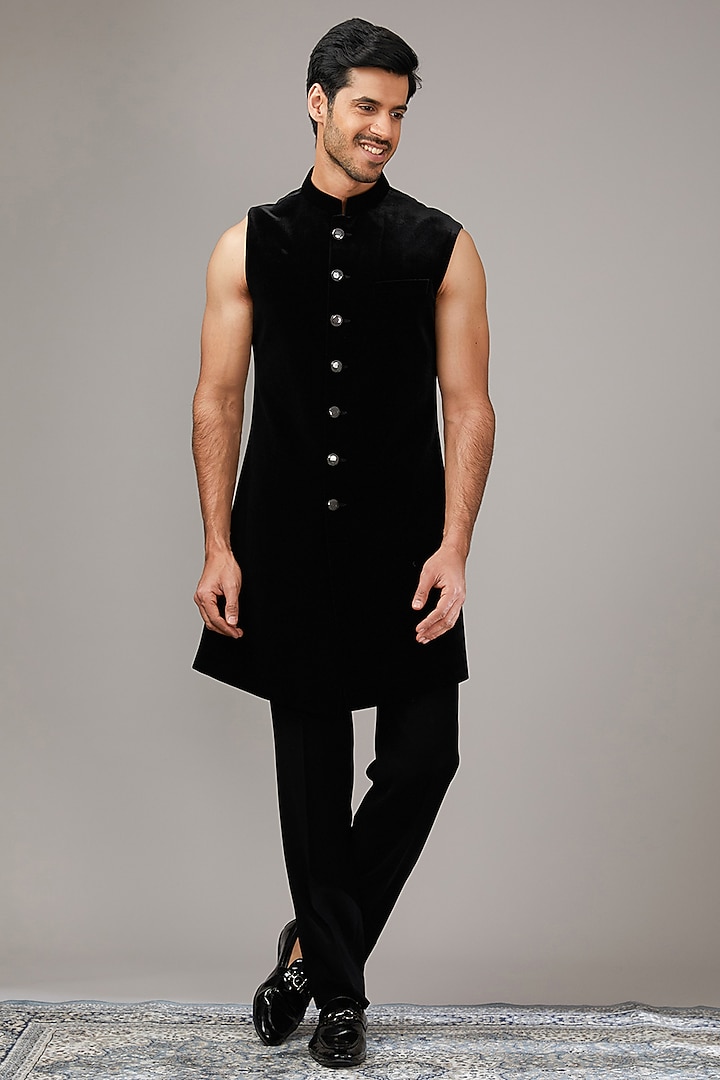 Midnight Black Velvet Sequins Embroidered Wedding Indowestern Set by RE CHANNEL at Pernia's Pop Up Shop