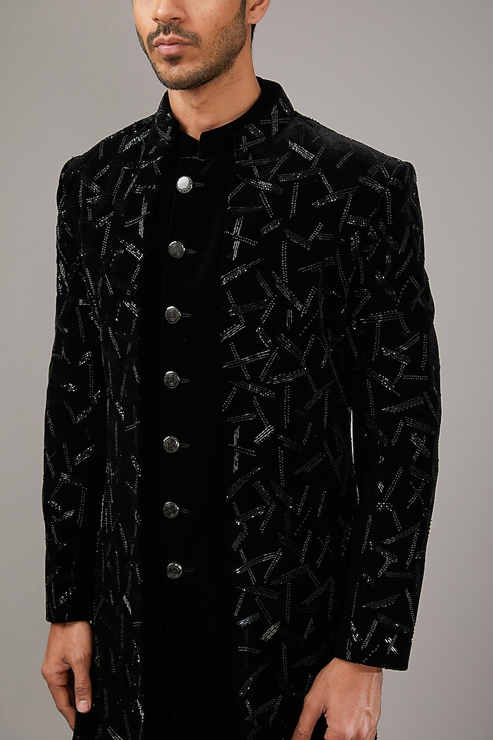 Midnight Black Velvet Sequins Embroidered Wedding Indowestern Set by RE CHANNEL at Pernia's Pop Up Shop